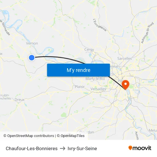 Chaufour-Les-Bonnieres to Ivry-Sur-Seine map