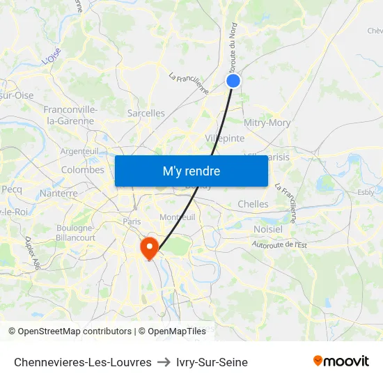 Chennevieres-Les-Louvres to Ivry-Sur-Seine map