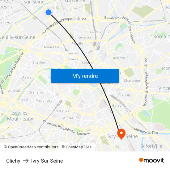 Clichy to Ivry-Sur-Seine map