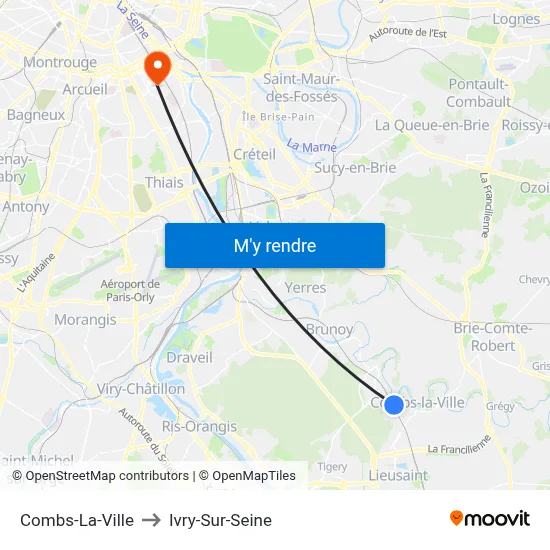 Combs-La-Ville to Ivry-Sur-Seine map