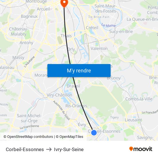 Corbeil-Essonnes to Ivry-Sur-Seine map