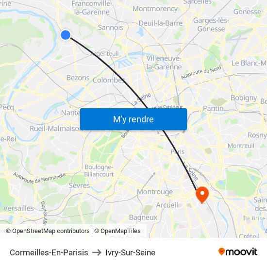 Cormeilles-En-Parisis to Ivry-Sur-Seine map