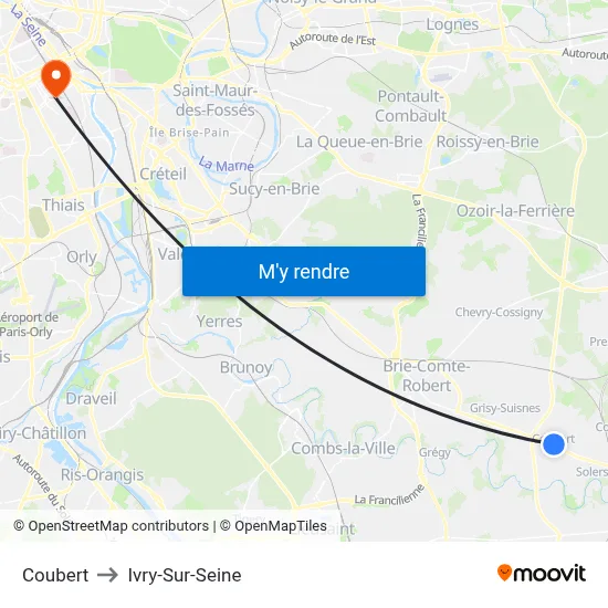Coubert to Ivry-Sur-Seine map