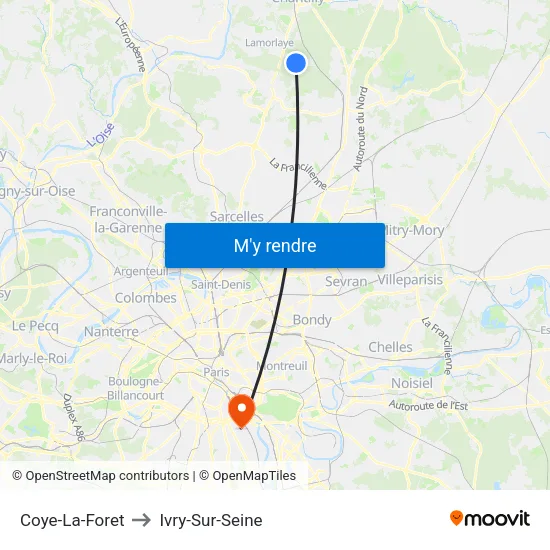 Coye-La-Foret to Ivry-Sur-Seine map