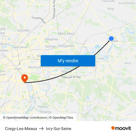 Cregy-Les-Meaux to Ivry-Sur-Seine map