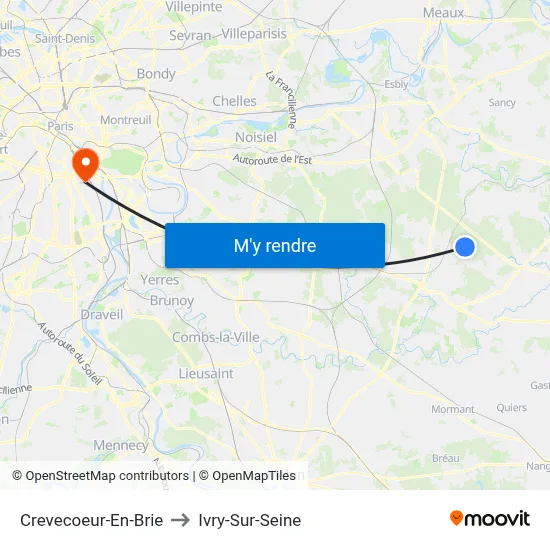 Crevecoeur-En-Brie to Ivry-Sur-Seine map