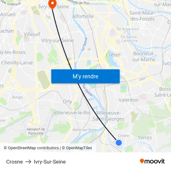 Crosne to Ivry-Sur-Seine map