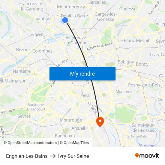 Enghien-Les-Bains to Ivry-Sur-Seine map