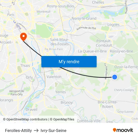 Ferolles-Attilly to Ivry-Sur-Seine map