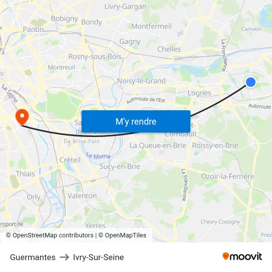 Guermantes to Ivry-Sur-Seine map