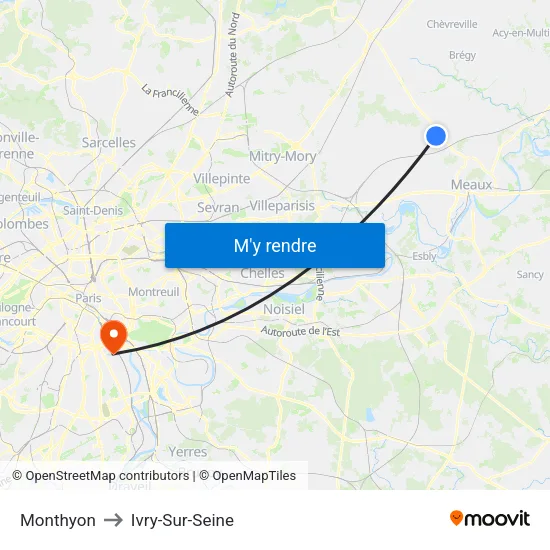 Monthyon to Ivry-Sur-Seine map