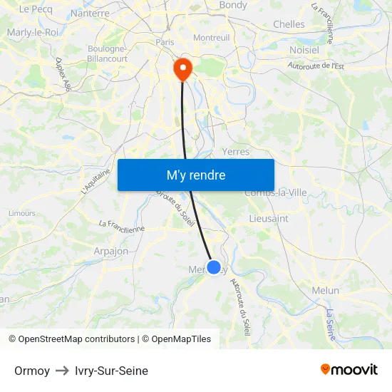 Ormoy to Ivry-Sur-Seine map