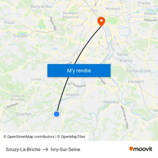 Souzy-La-Briche to Ivry-Sur-Seine map
