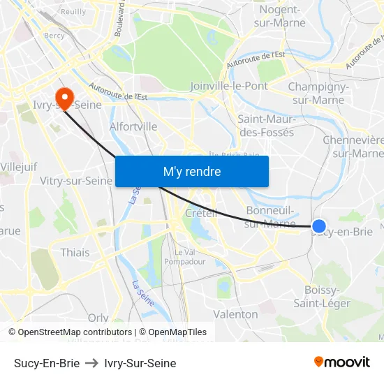 Sucy-En-Brie to Ivry-Sur-Seine map