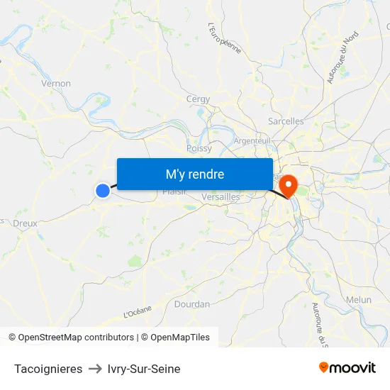 Tacoignieres to Ivry-Sur-Seine map
