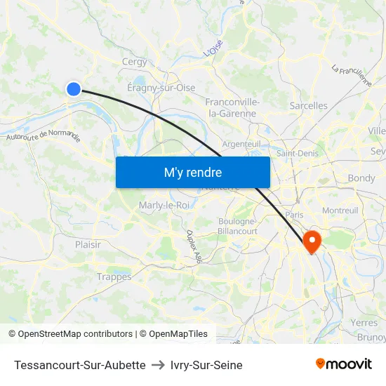 Tessancourt-Sur-Aubette to Ivry-Sur-Seine map
