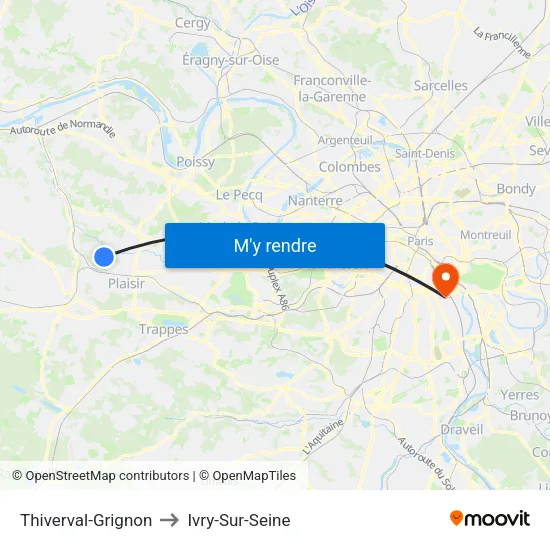 Thiverval-Grignon to Ivry-Sur-Seine map