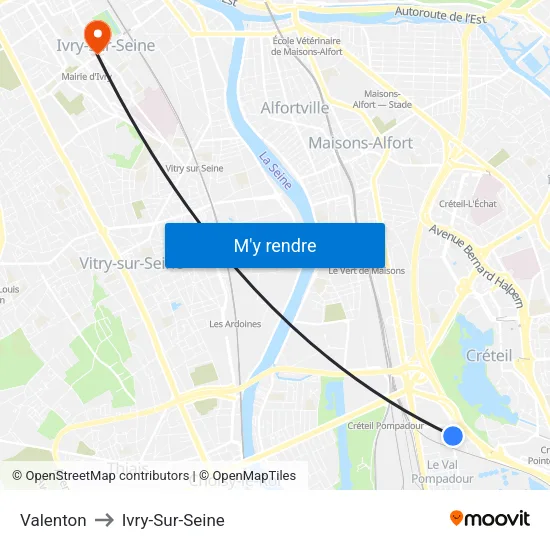 Valenton to Ivry-Sur-Seine map