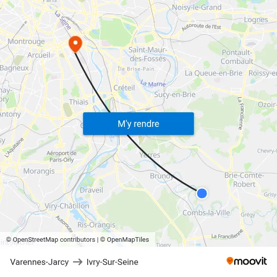 Varennes-Jarcy to Ivry-Sur-Seine map