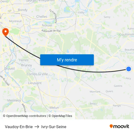 Vaudoy-En-Brie to Ivry-Sur-Seine map
