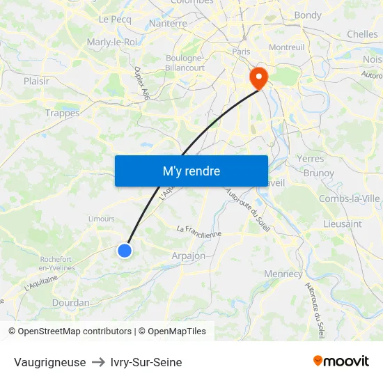 Vaugrigneuse to Ivry-Sur-Seine map