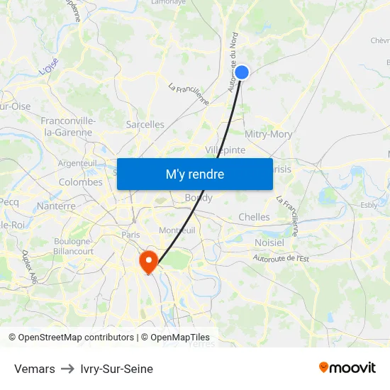 Vemars to Ivry-Sur-Seine map