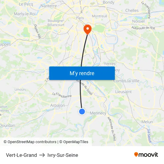 Vert-Le-Grand to Ivry-Sur-Seine map