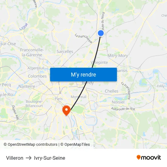 Villeron to Ivry-Sur-Seine map