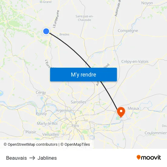 Beauvais to Jablines map