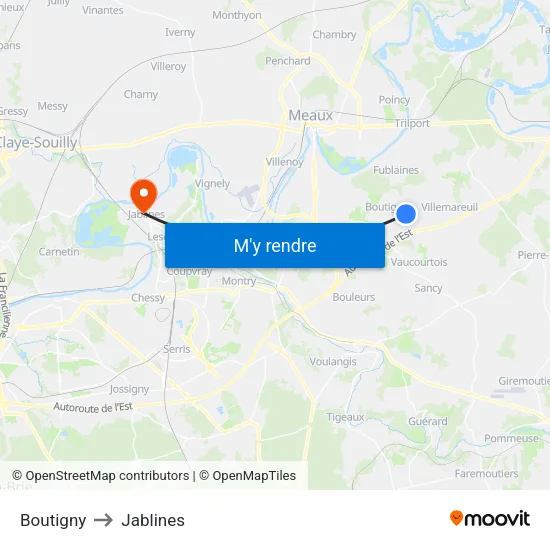 Boutigny to Jablines map