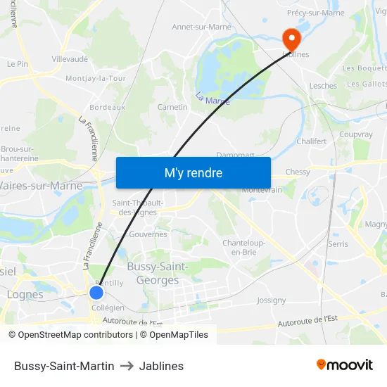 Bussy-Saint-Martin to Jablines map