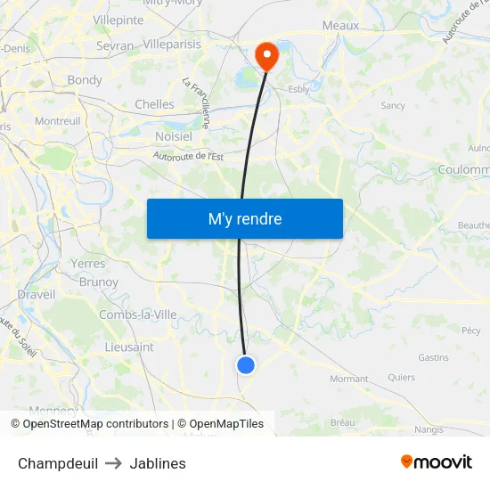 Champdeuil to Jablines map