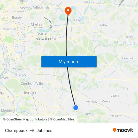 Champeaux to Jablines map
