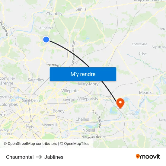 Chaumontel to Jablines map