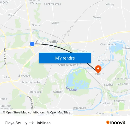 Claye-Souilly to Jablines map
