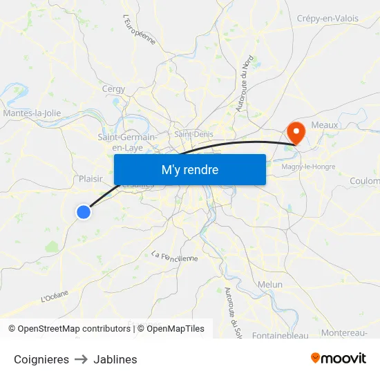 Coignieres to Jablines map