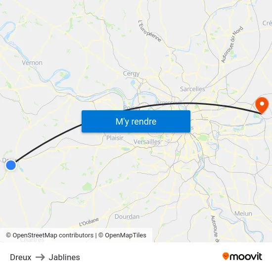 Dreux to Jablines map