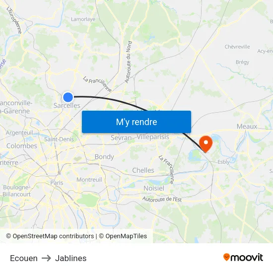 Ecouen to Jablines map