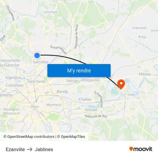 Ezanville to Jablines map