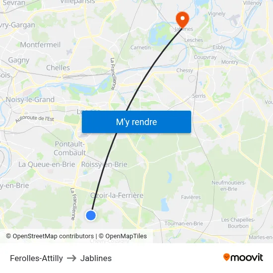 Ferolles-Attilly to Jablines map