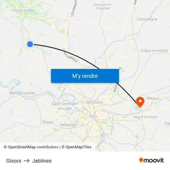 Gisors to Jablines map