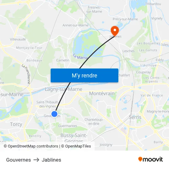 Gouvernes to Jablines map