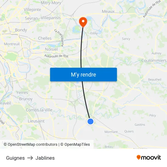 Guignes to Jablines map