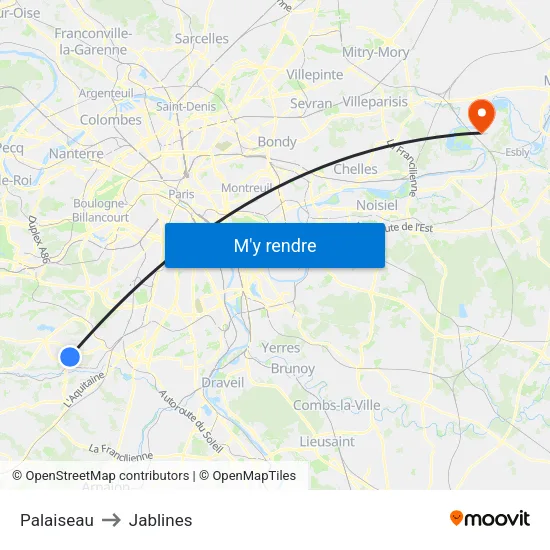 Palaiseau to Jablines map