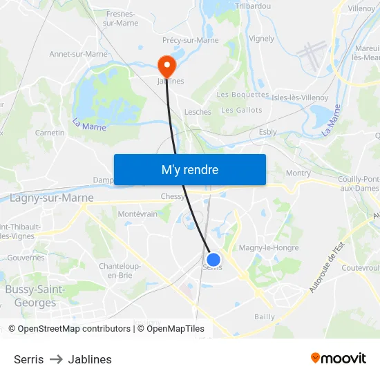 Serris to Jablines map