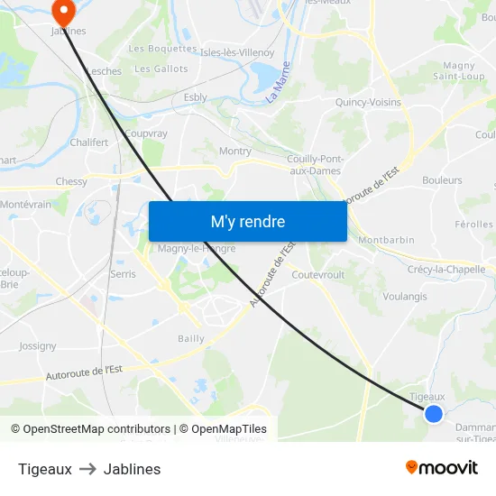 Tigeaux to Jablines map