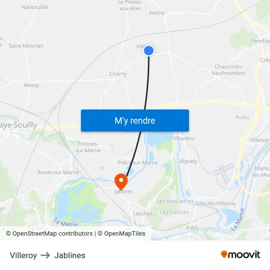 Villeroy to Jablines map
