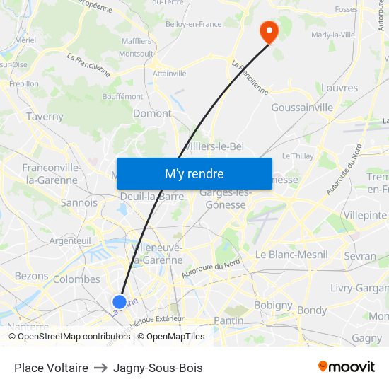 Place Voltaire to Jagny-Sous-Bois map