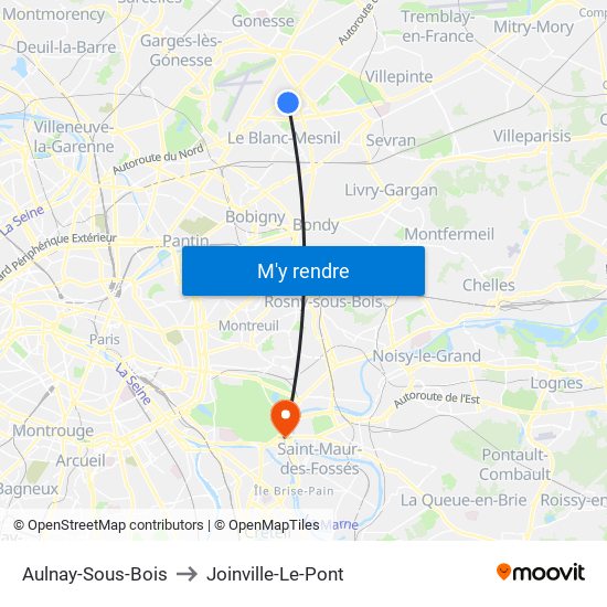 Aulnay-Sous-Bois to Joinville-Le-Pont map