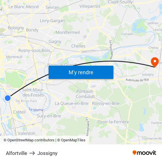 Alfortville to Jossigny map